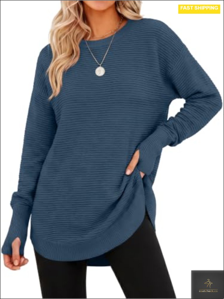 Ribbed Knit Sweater Pullover With Thumb Holes, Long Sleeve Crew Neck Tunic Top